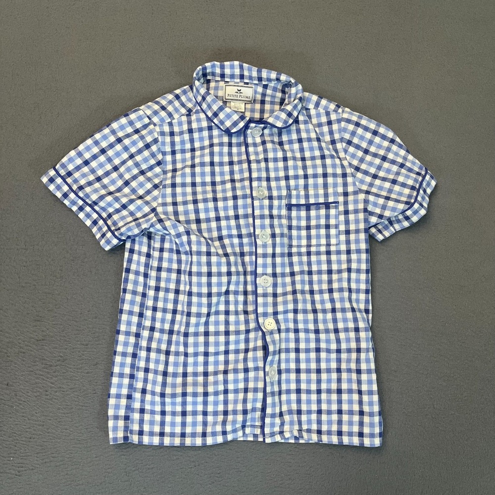Petite Plume Boys Size 8 Button Up Pajama Shirt Plaid Gingham Summer Modacrylic